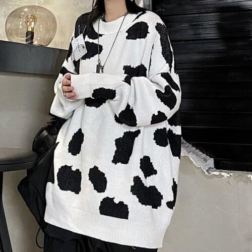 Harajuku Loose Sweater WomenS Gothic Punk Black And White Printed Pattern Oversized Long Sleeve Streetwear Knitted Sweater