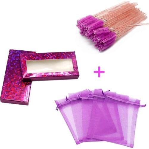 25-100 Sets Pink Eyelash Packaging Box Set with Drawstring Organza Faux Lashes Bag Wholesale and Disposable Mascara Wand In Bulk