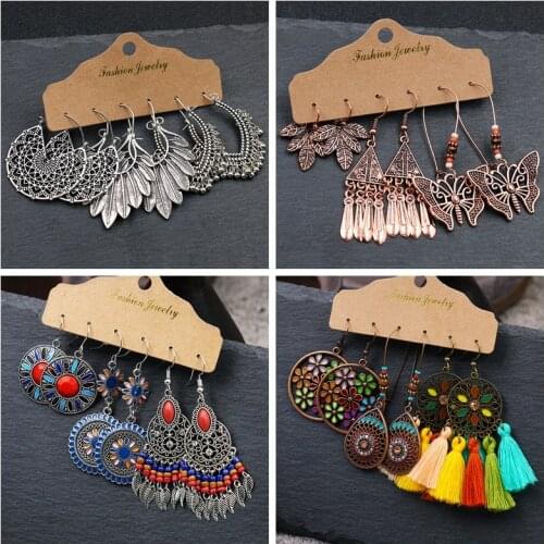 Vintage Big Hanging Set Of Earrings For Women Ethnic Boho Tassel Feather Long Dreamcatcher Drop Earrings Jewelry New Year Gifts