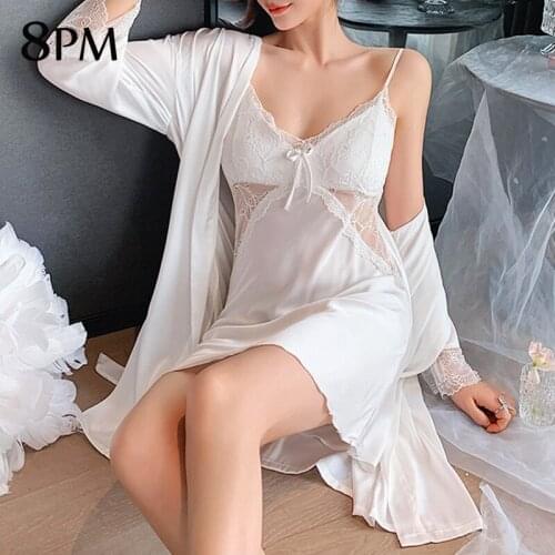 Women Sexy Robe Set Sleepwear Faux Silk Satin Gown Lace Lingerie Nightdress Suit V-Neck Sling Female Homewear Pijama ouc188