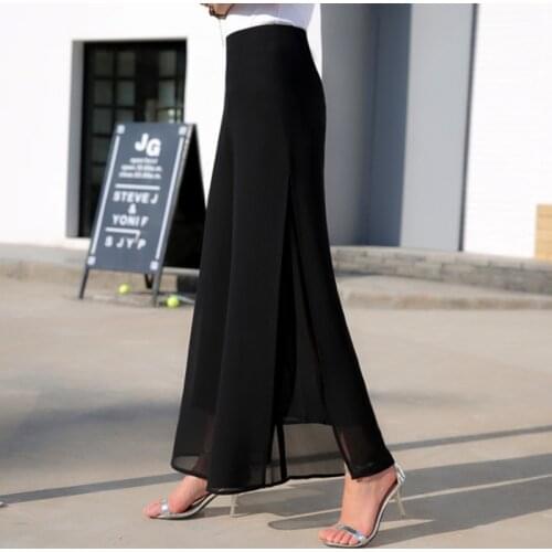 Summer New Female Wide Leg Pants Women High Waist Full Length Pants Female Fashion Loose Split Chiffon Pants mujer