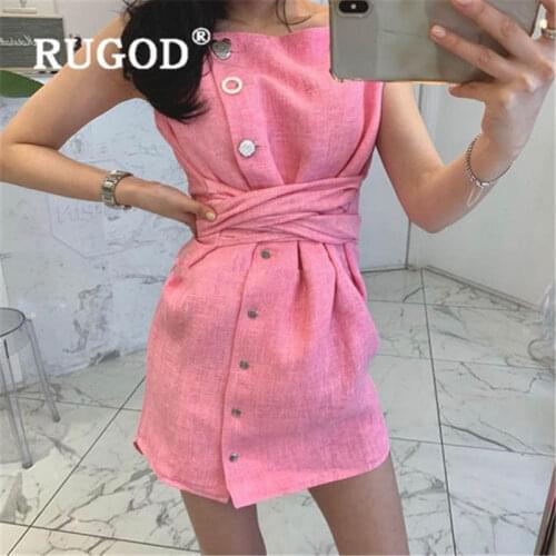 RUGOD 2020 New Arrival Single-breasted Dress Women Slash Neck High Waist Slim Summer Dress Casual Belt robe