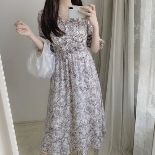 2021 Spring Chic V Neck Print Women Dresses Flare Sleeve High Waist Slim Fit Aesthetic Vestidos Summer Sweet Femme Robe