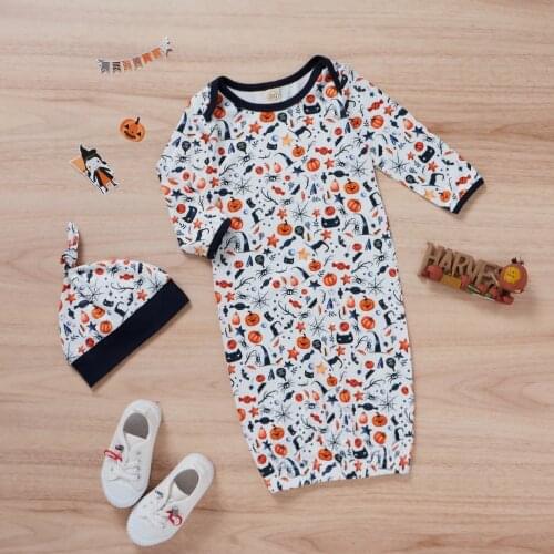 2 Pcs Newborn Halloween Printed Outfits Infant Long Sleeve Round Neck Sleeping Sack + Knotted Cap