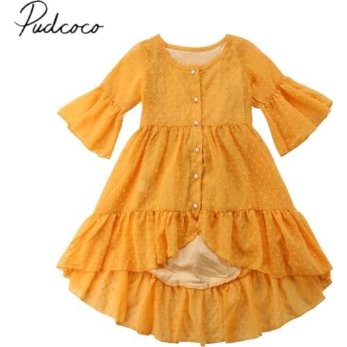 2018 Brand New Princess Fashion Toddler Baby Girls Boho Party Dress Long Flare Sleeve Ruffles Asymmetrical Yellow Dress 1-5Y