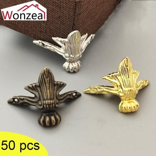 Antique Brass Vintage Bronze Jewelry Gift Box Wooden Case Decorative Wood Box Feet Leg Corner Bracket Triangle Rattan Carved