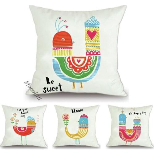 Cute Birds Velvet Cushion Cover Colorful Hand-Painted Animal Decoration Square Throw Pillow Case Kids Room Sofa Cushions Cover