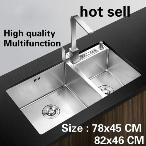 Free shipping Apartment multifunct luxury kitchen manual sink double groove 304 stainless steel vogue hot sell 78x45/82 CM