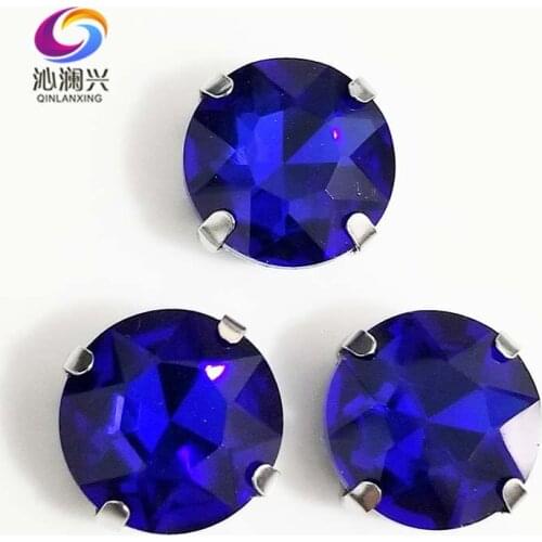 Free shipping Royalblue round shape High quality Glass Crystal sew on claw loose rhinestones,Diy Clothing accessories SWB11