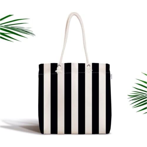 Black White Striped Zippered Modern Fabric Bag Canta Beach Bag