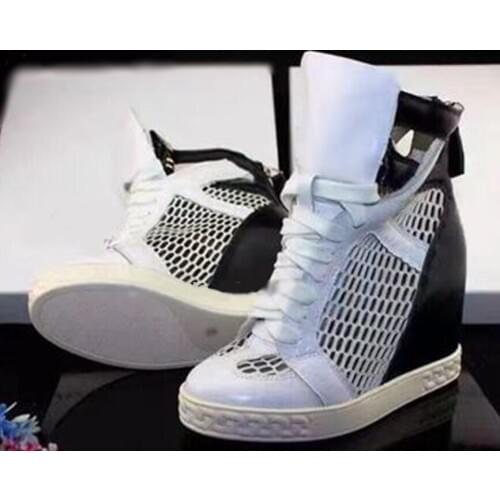 Black White Patchwork Height Increasing Ankle Boots Breathable Hollow Mesh Sneakers 8cm Wedge Heel Leisure Outside Shoes