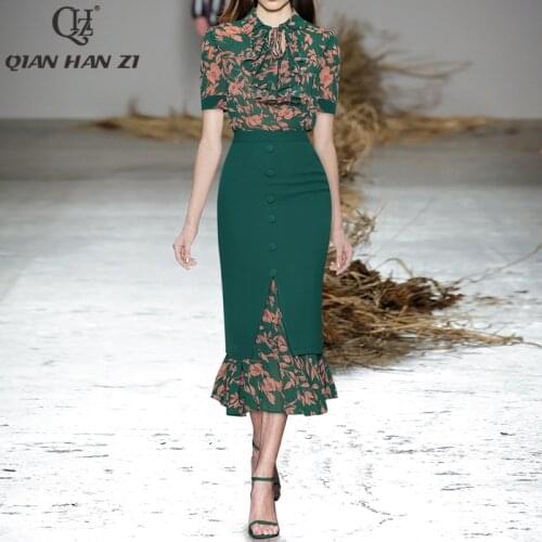 Qian Han Zi designer runway 2 piece set Women lapel ruffled printed shirt+retro fashion stitching button slim bodycon skirt suit