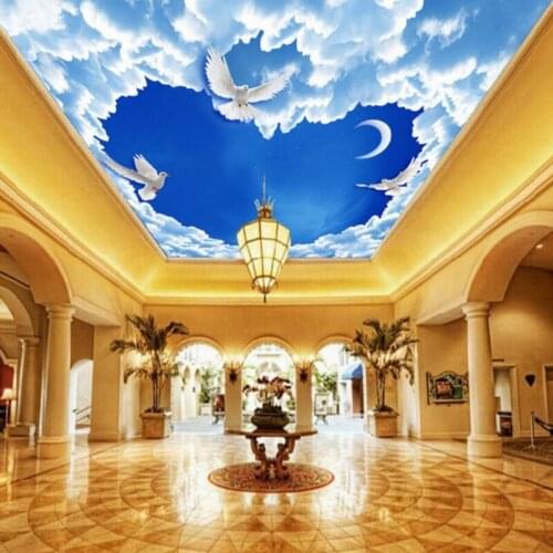Photo wallpaper Fantasy white clouds sky moon pigeons zenith mural restaurant hotel lobby ceiling wallpaper