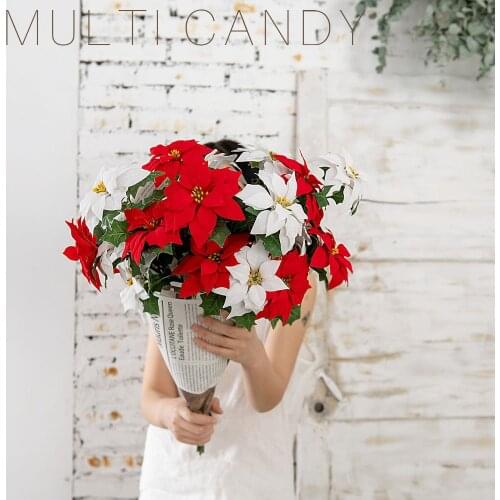 Ins New Design 2021 Long stem Artificial 3 heads Poinsettia Flower Bouquet Fake Silk Flowers Table Centerpiece for Home Decor