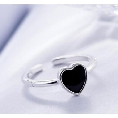 Sole Memory Black Dripping Glaze Heart Sweet Romantic Cute 925 Sterling Silver Female Resizable Opening Rings SRI239