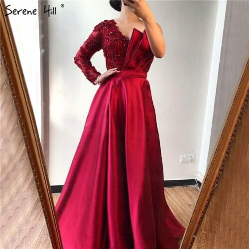 Red Satin One Shoulder Sexy Evening Dresses 2020 Handmade Flowers Beading A-Line Formal Dress Serene Hill BLA70325