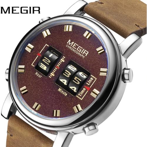 MEGIR 2019 New Top Band Watches Men Military Sport Brown Leather Quartz Wrist Watch Luxury Drum Roller relogio masculino 2137