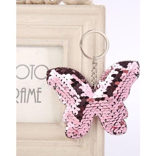 Cute butterfly Sequin Pom Pom Key Pendant Colorful Stuffed butterfly Doll Bag Hang Pendant KeyChain gift For Kids Toys Girls