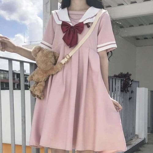 Japanese Style Sweet Kawaii Pleated Girls Dress Short Sleeve Women Dress Bow Patchwork Sailor Collar A-Line Student Harajuku New