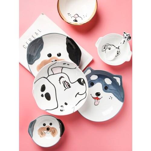 Cute Dog Dinnerware Set Kids Dinner Plate Bowls Spoon Noodle Bowl Ceramic Pet Bowl Decorative Cartoon Animal Crockery