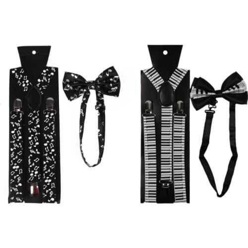 Men Women 2 In 1 Suspenders Bow Tie Set Black White Music Notes Piano Keyboard Print Adjustable Y-Back Belt Necktie Stage Party