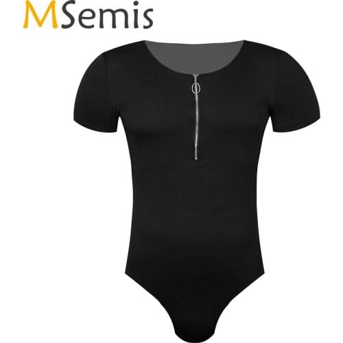 Mens Casual Tops Short Sleeve Front Zipper Fitness Workout Gymnastics Bodysuit Leotard Snap Button Crotch Teddies Jumpsuits
