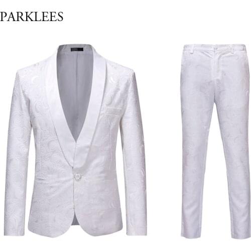 Mens 2 Piece Suit White Jacquard Men Suits for Wedding Tuxedo Slim Single Button Men Suits with Pants Party Stage Costume Homme