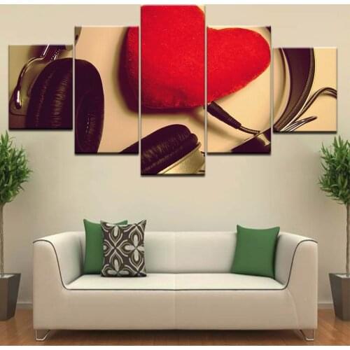 Wall Art Pictures Home Decoration HD Print Poster 5 Piece/Pcs Red Heart-Shaped Headphone Modern Frame Living Room Painting