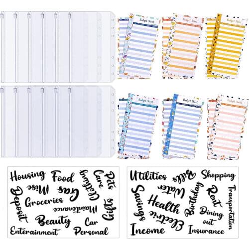 A6 Size 6 Holes 12 Pcs Binder Pockets 12 Budget Expense Tracker Sheets and 2 Sheets Cash Envelope Sticker for Budget Planners