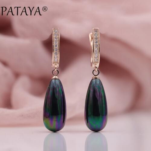 PATAYA New Fashion Multicolor Long Imitation Pearls Natural Zircon Dangle Earrings 585 Rose Gold Women Wedding Party Jewelry