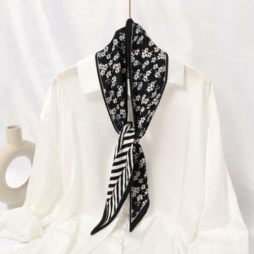 Pleated Silk Foulard Scarf for Women Small Neck Crumple Bandana Neck wear Crinkle Print Luxury Female Headband