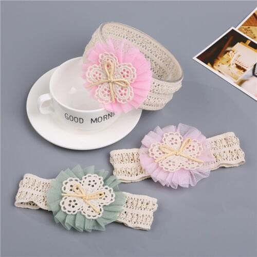 10pc 2018 Little girls bowknot headband baby Newborn hair flower on lace band Children girl hair bows Kids lace flower hair band