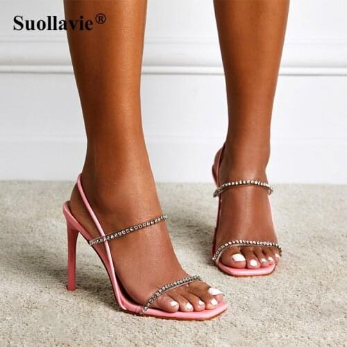 Suollavie Rhinestone Stiletto Roman Fashion Womens Sandals Summer Square Toe High Heels Sexy Nightclub Stripper Shoes Size35-42