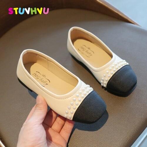 Girls Leather Shoes Princess Pearl Shallow Mouth Soft Bottom Childrens Casual Shoes Spring Autumn New Kids Shoes for Girl Flats