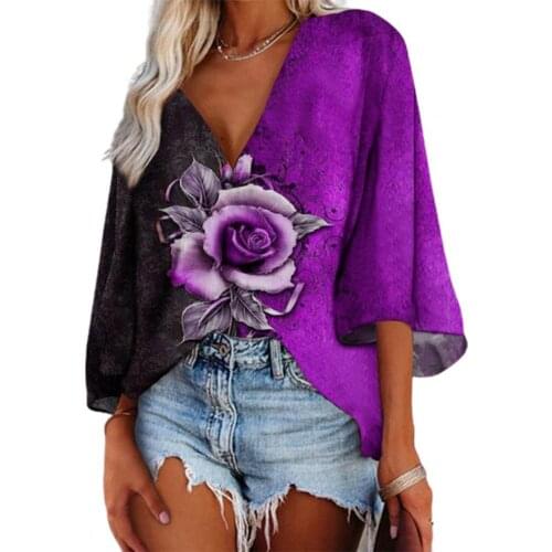 Casual V Neck Flare Long Sleeve Blouse Shirt Autumn Retro New Rose Print Harajuku Tops Women Elegant Floral Pattern Loose Blusa