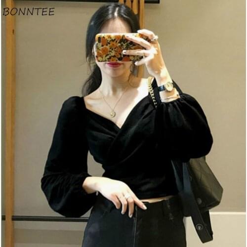 Shirts Women Slim Fashionable Oversize V-Neck Sexy Pure Retro Elegant Popular European Style Autumn Puff Sleeve Party Crop Top