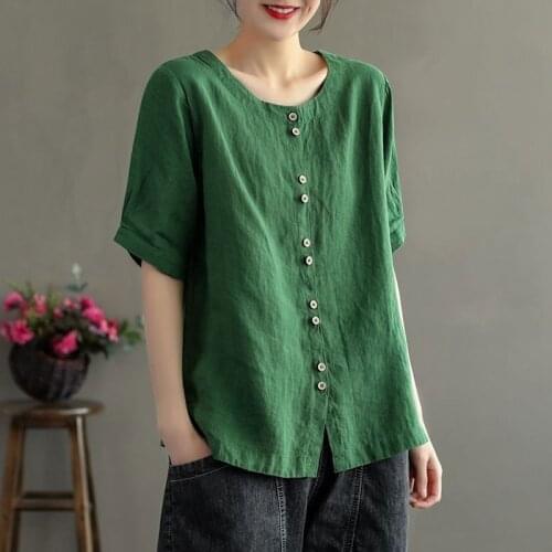 Women Cotton Linen Casual Shirts New Arrival 2021 Summer Vintage Style O-neck Solid Color Loose Female Short Sleeve Tops S3821