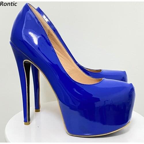 Rontic 2021 Handmade Women Platform Pumps Patent Leather Stiletto Heel Round Toe Gorgeous Blue Cosplay Shoes Women US Size 5-20