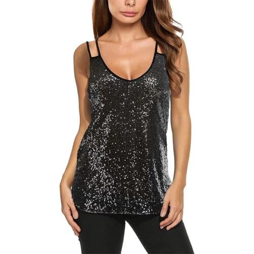 Womens Sexy Shiny Sequins Shirts Summer Blouses Lady Strap Sleeveless Tops Camisole Shirts Girls Fashion