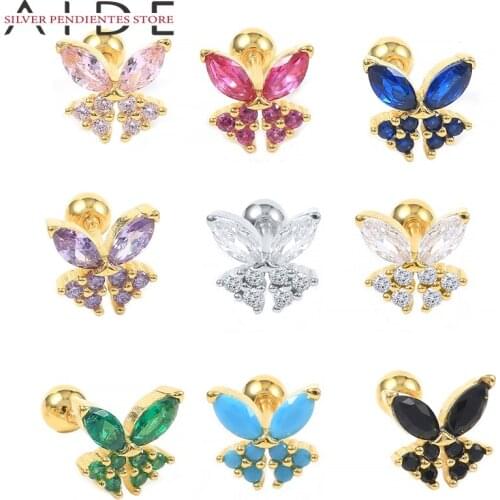 AIDE 1PCS 925 Sterling Silver Stud Earrings For Women Mini Colorful Zircon Green Purple Butterfly Piercing Earrings Bijoux Femme