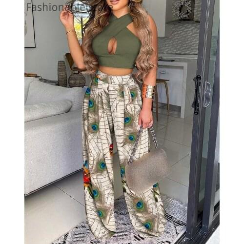 Women Sleeveless Criss Cross Halter Top and High Waist Print Wide Leg Pants 2pcs Set