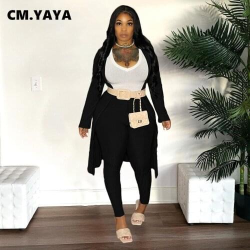 CM.YAYA Women Set Solid Long Coats + Cleavage Vests + Pants 3 Piece Sets Casual Outfits Active Tracksuit Sweatsuit Autumn 2021