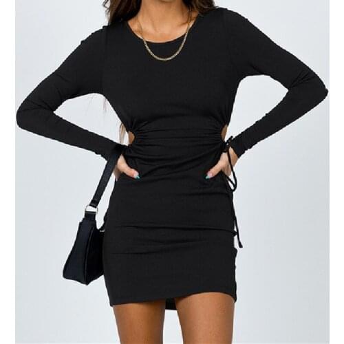Sexy T-Shrit Dress Hollow Ruched Mini Dress Female Elegant Long Sleeve Round Collar High Waist Solid Color Bodycon Wild Dress
