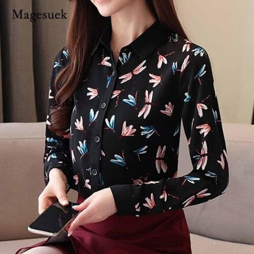 2020 Autumn New Korean-Style Womens Blouse Long-Sleeved Loose Turn-down Collar Print Cardigan Chiffon Shirt Blusas Mujer 10747