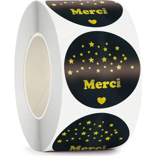 500pcs/Roll Bronzing black Merci French Thank You labels Stickers Envelope Package Seal Christmas Stationery Decor Sticker