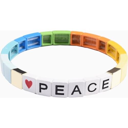 PEACE Letterbeads Enamel Tile Bracelet Rainbow Metal Colorblock Stackable Wristband Square Strentch Bracelet for Women Men