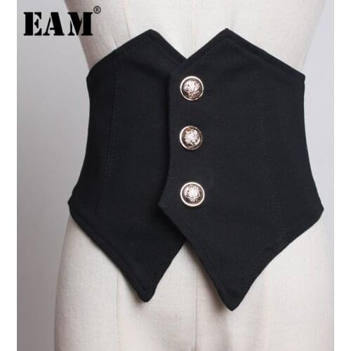 [EAM] 2021 New Spring Summer Black Loose Button Irregular Split Joint Personality Wide Belt Women Fashion Tide All-match JT454