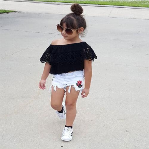 Hooyi Summer Clothes Set for Kids Girls Lace One Shoulder T-shirt Black Top White Denim Shorts Rose Printing Summer Outfit