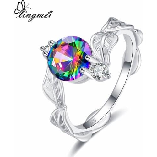 Lingmei 8mm Round Cut Classic Fashion Jewelry Rainbow & White & Green Cubic Zircon Silver Color Ring Size 6-9 For Women Wedding