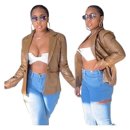 S390020 Wholesale Items Fall Fashion Casual Women Coat Solid Color PU Suit Collar Pocket Thin Long Sleeves Jackets for Women